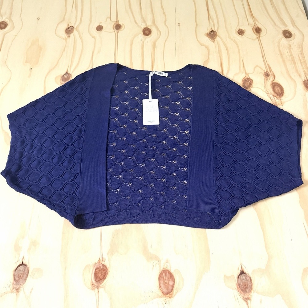 GRACE KARIN Women's L Navy Crochet knit Open Front Bolero Cardigan NWT
